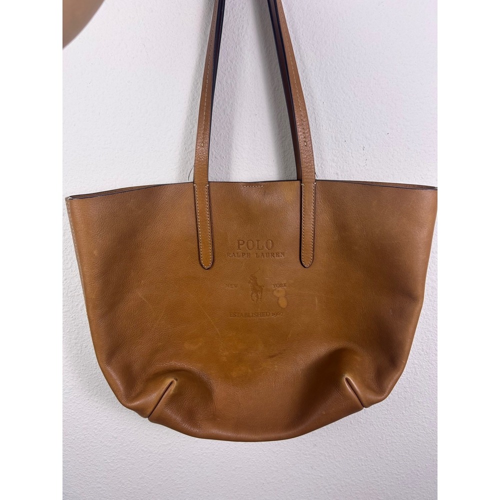 Polo Ralph Lauren Tan Leather Tote Bag Embossed Logo Pony Brown Handbag